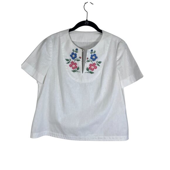Handmade Floral Vintage Top S White Needlepoint Folk Boho Retro Cottagecore 80s - Picture 1 of 12